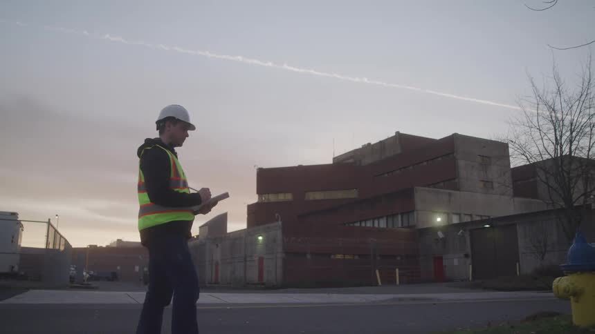 A construction worker wearing a green vest and hard hat writes on a tablet while standing next to a fire hydrant at sundown