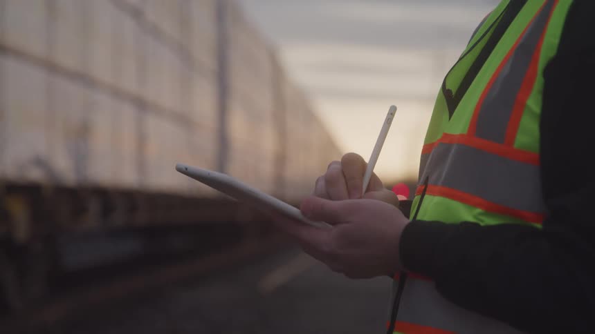 A man wearing a vest takes notes on a tablet while standing beside a cargo train