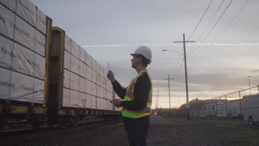 A worker in a safety vest counts freight packages on a moving train at dusk