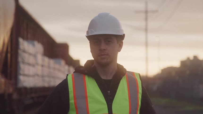 A man wearing a white hard hat and a green vest stands on the side of the road as a shipping truck drives past him at sunset