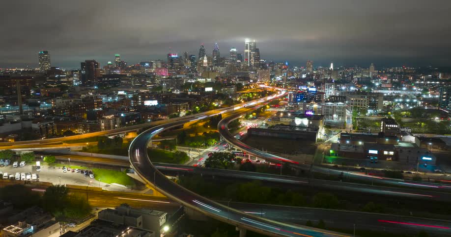 Traffic moves quickly during the night time in Philadelphia