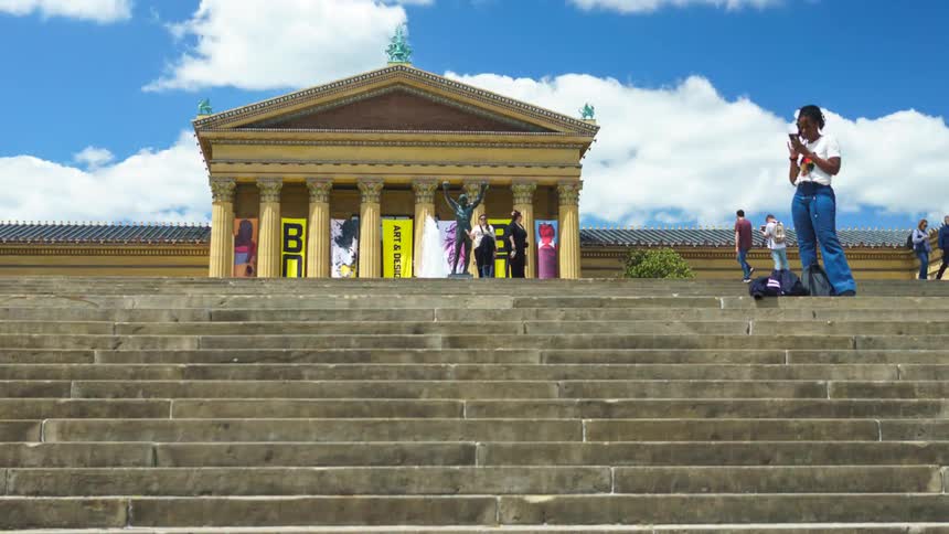 Hyperlapse of the statue of Rocky at the top of the steps  outside the Philadelphia Museum of Art