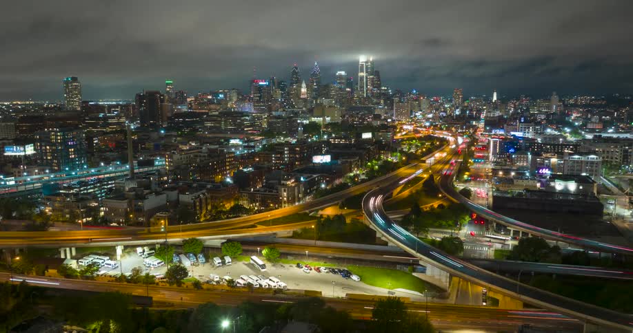 A time lapse of a busy highway leading into Philadelphia