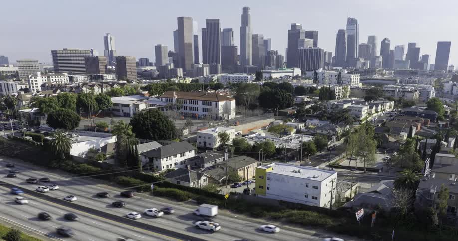 The highway with Los Angeles skyline  in the background