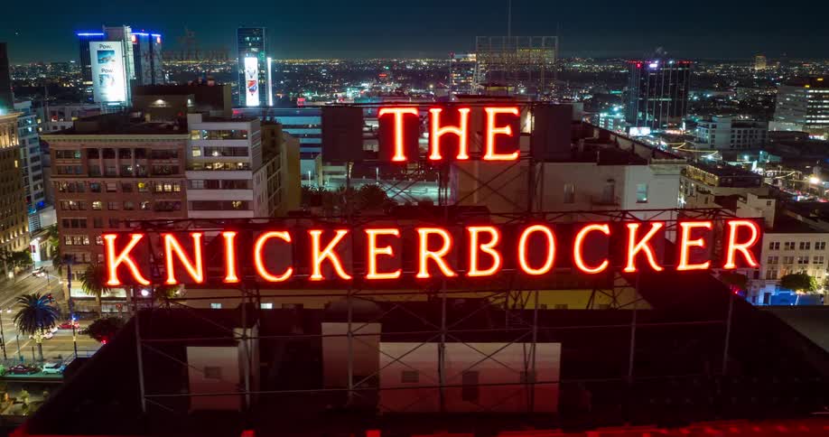 The large illuminated letters atop The Knickerbocker building in Hollywood, Los Angeles