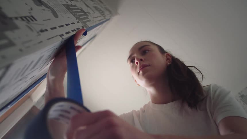 Young woman applies blue tape to the interior walls of a room during daytime