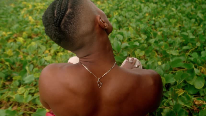 A shirtless person with braided hair and a necklace sits among dense waisthigh plants in a tropical field