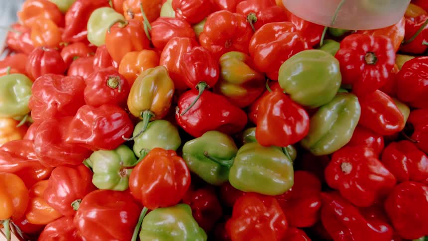 A bowl filled with a series of red peppers displayed at an open market