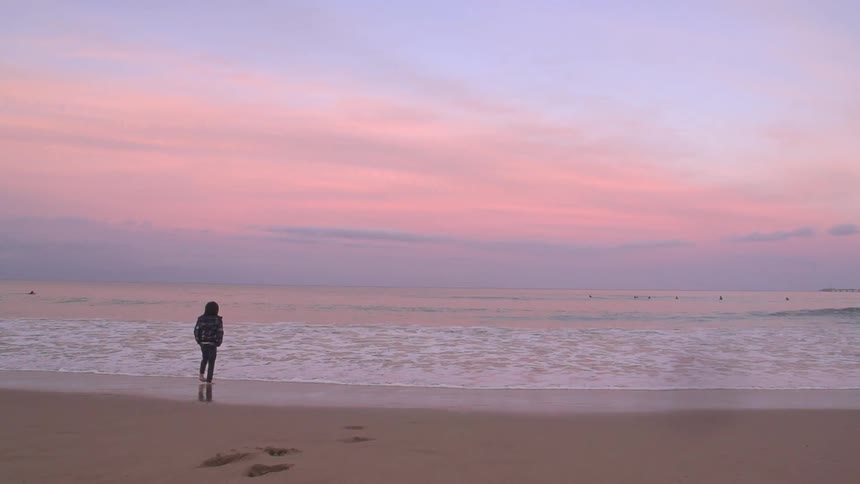 A person stands on the beach at sunset