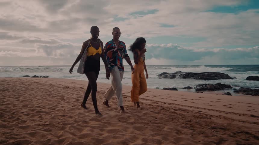 Friends walking near the shoreline on a tropical island