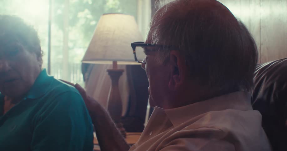 An elderly couple sitting on a couch the man pointing at a laptop and showing the screen to the woman