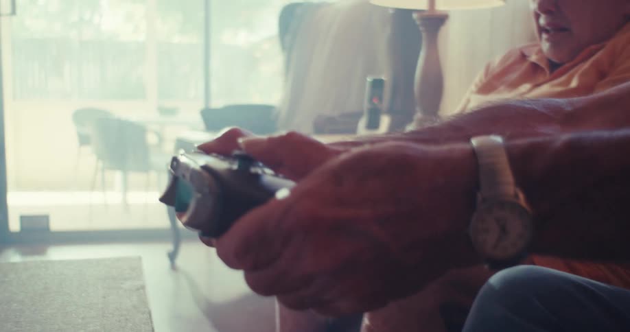 Elderly woman and man holding a video game controller and having fun