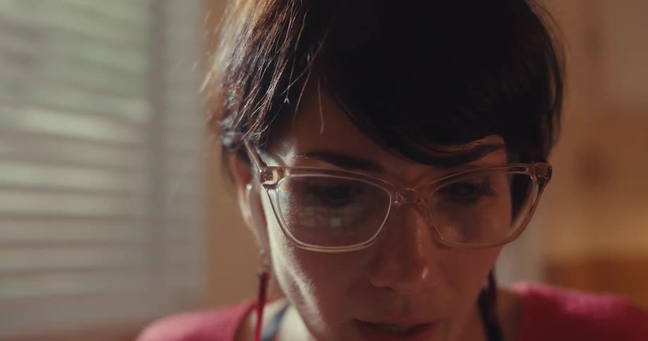 Woman wearing glasses sits by a sunlit window appearing to speak on a video call while working from home