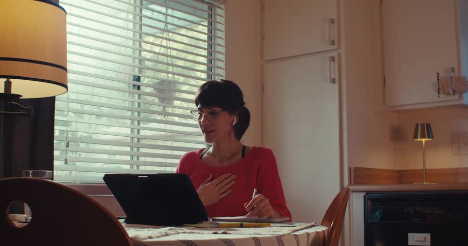 A woman has a video call