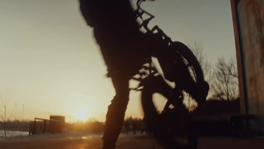 A man stunting on his bike under a bridge at sunset.