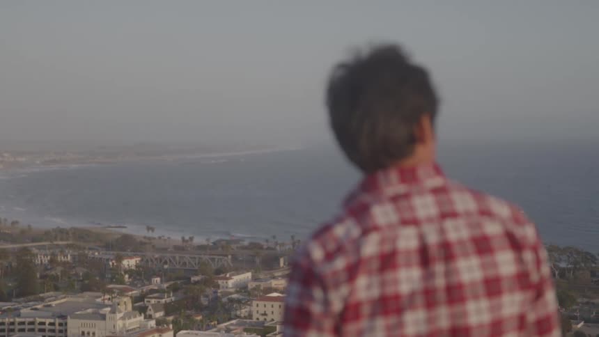 The man is on a hill looking at the town by the shore