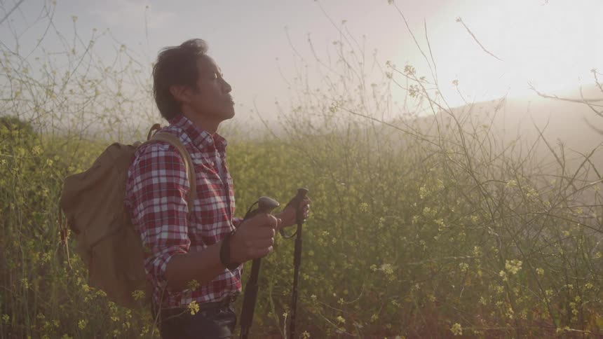 A man with hiking poles and a backpack stands in a field of wildflowers gazing peacefully at the sunset