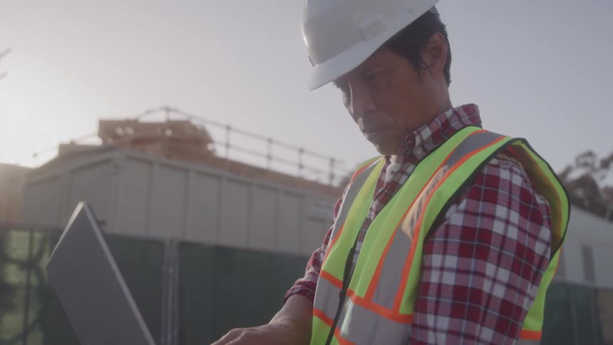 A construction worker uses a laptop onsite while wearing a safety vest and hard hat