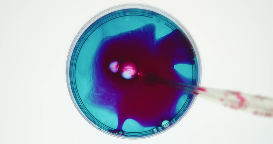 A pipette drips red liquid into a petri dish containing blue liquid forming abstract patterns and several small droplets