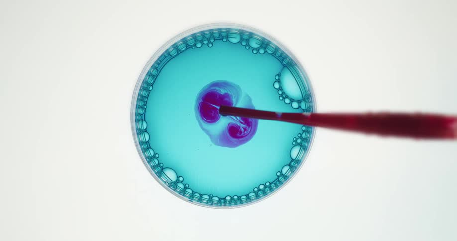 Red liquid is dripped into blue liquid turning it purple