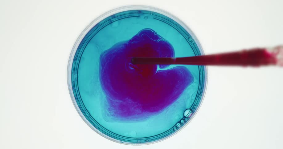 A pipette drips red liquid into a petri dish with blue liquid creating abstract swirls and a few small bubbles along the edge