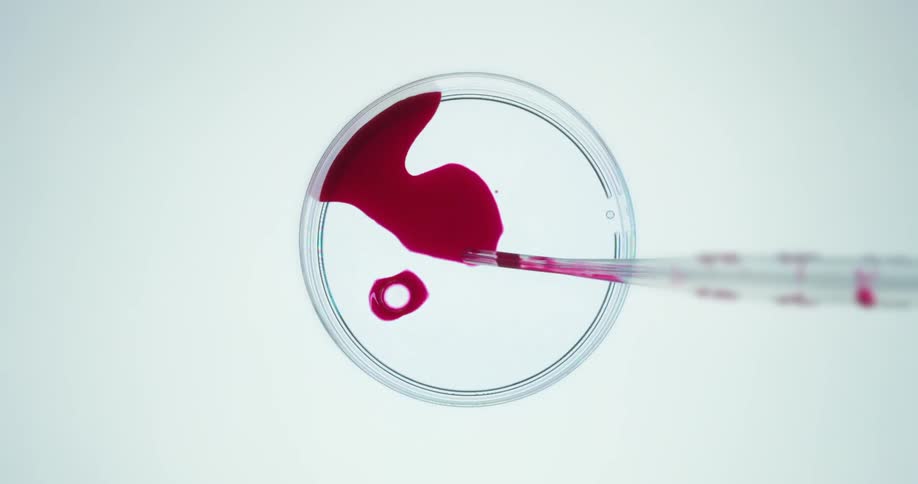 Red liquid is dripped into a petri dish