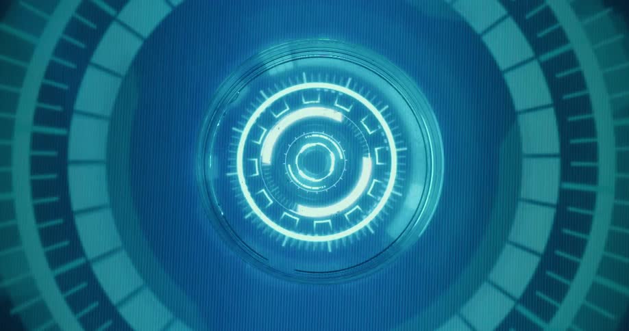A pipette dispenses translucent liquid over a glowing blue circular interface with concentric animated rings and geometric markings