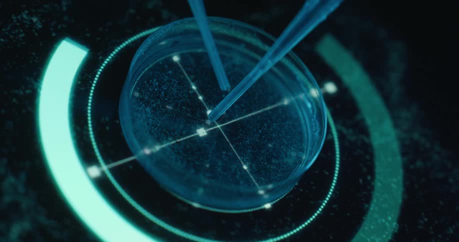 Close up of a liquid sample dropped with a pipette into a petri dish placed on a futuristic screen for analysis