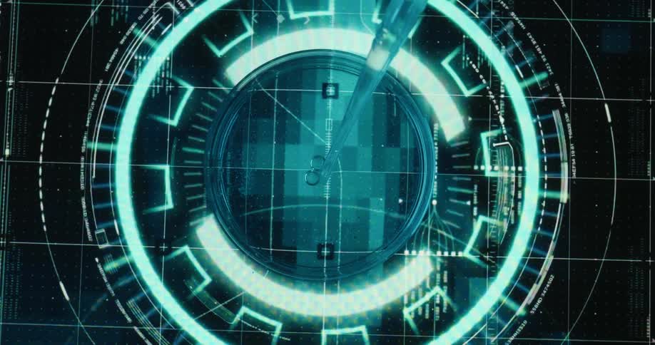 A pipette hover above a petri dish illuminated by a grid of glowing lines and points in a lablike setting