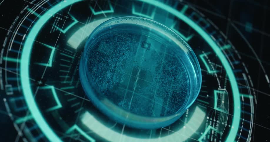 A close view shows a petri dish with liquid and a pipette against a background of glowing blue digital circles and lines
