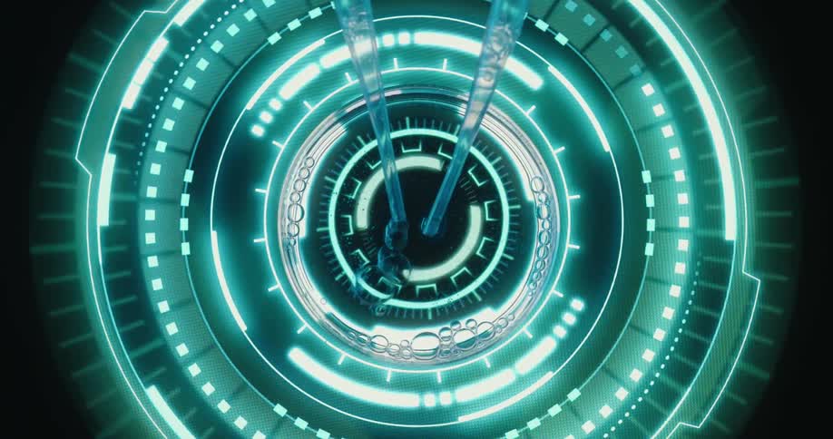 Close up of a liquid sample dropped with pipettes into a petri dish placed on a futuristic screen for analysis