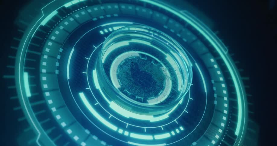 Close up of liquid sample dropped into petri dish placed on a futuristic screen
