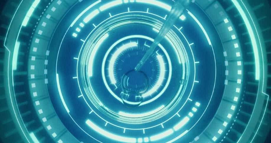 Close up of a liquid sample dropped with a pipette into a petri dish placed on a futuristic screen for analysis