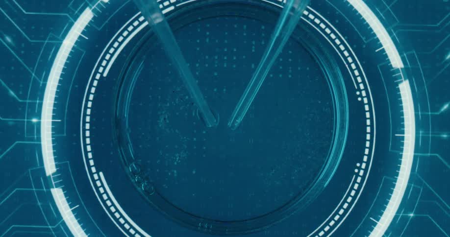 Droppers create bubbles in the fluid filling a small container sitting in the center of a rotating animated graphic