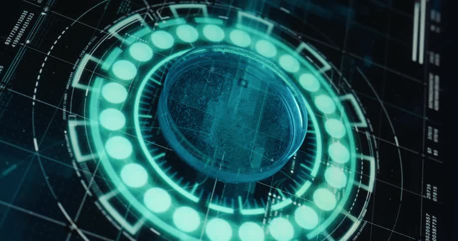 A gloved hand places a petri dish over a glowing circular interface with segmented lights and digital patterns