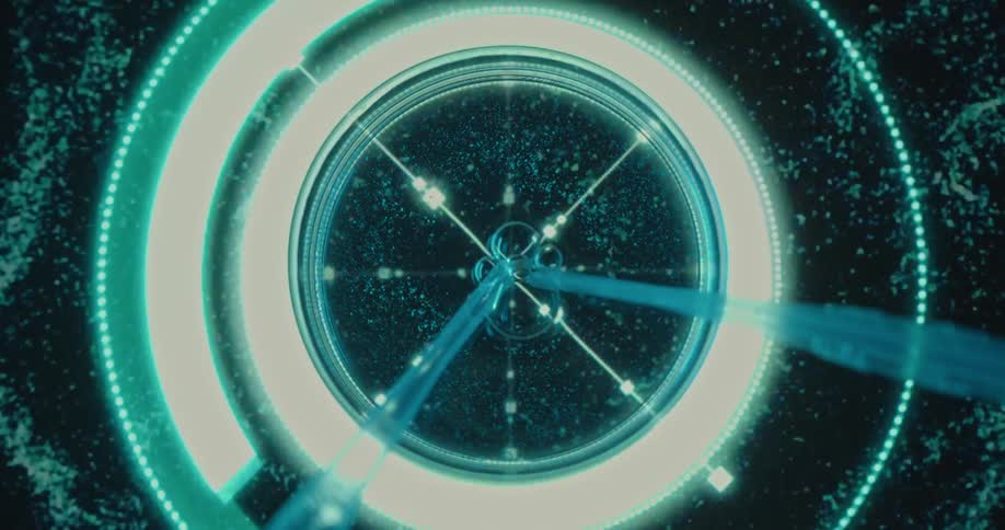 A pipette dispenses translucent liquid over a glowing blue circular interface with concentric rings and geometric markings set against a dark background