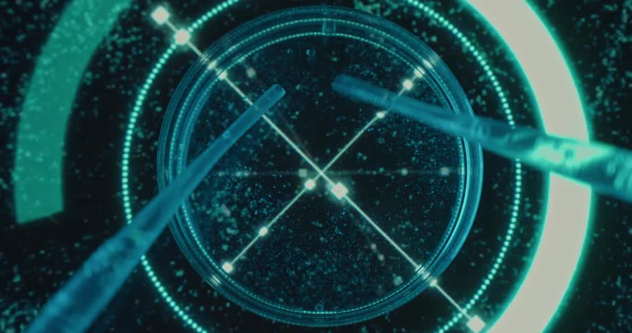 Close up of liquid sample dropped with a pipettes into a petri dish placed on a futuristic screen