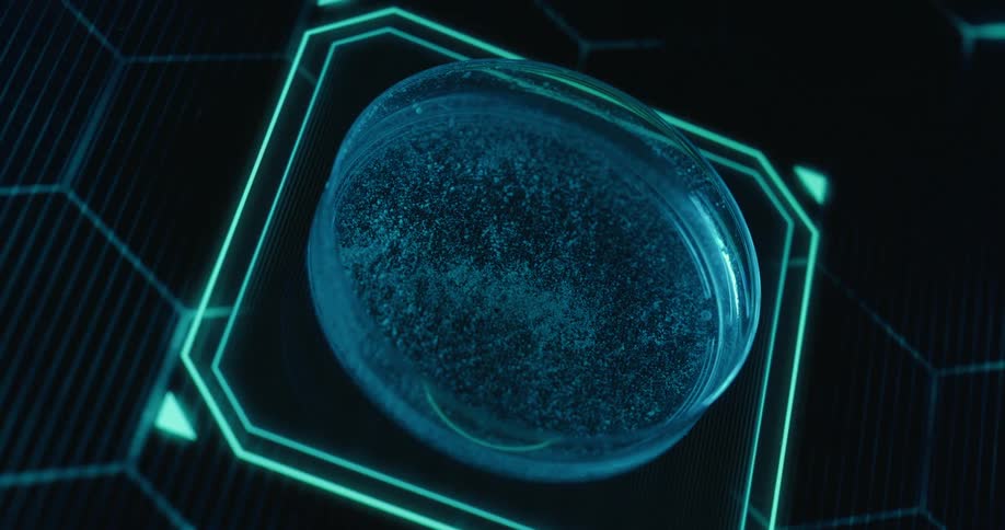 The substance in the petri dish is scanned by the futuristic machine