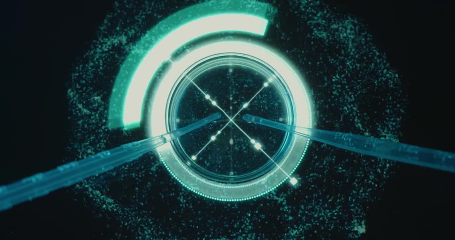 Close up of liquid sample dropped with pipettes into a petri dish placed on a futuristic screen for analysis