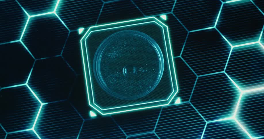 Thin needles in contact with a round test tube and abstract light pattern in the background