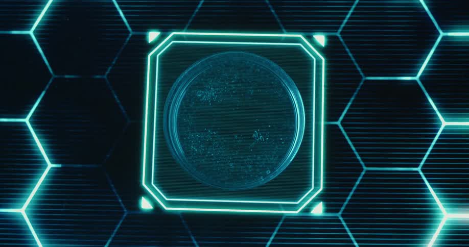 A pipette adds liquid to a petri dish which is then analyzed with futuristic glowing holographic overlays and data grids
