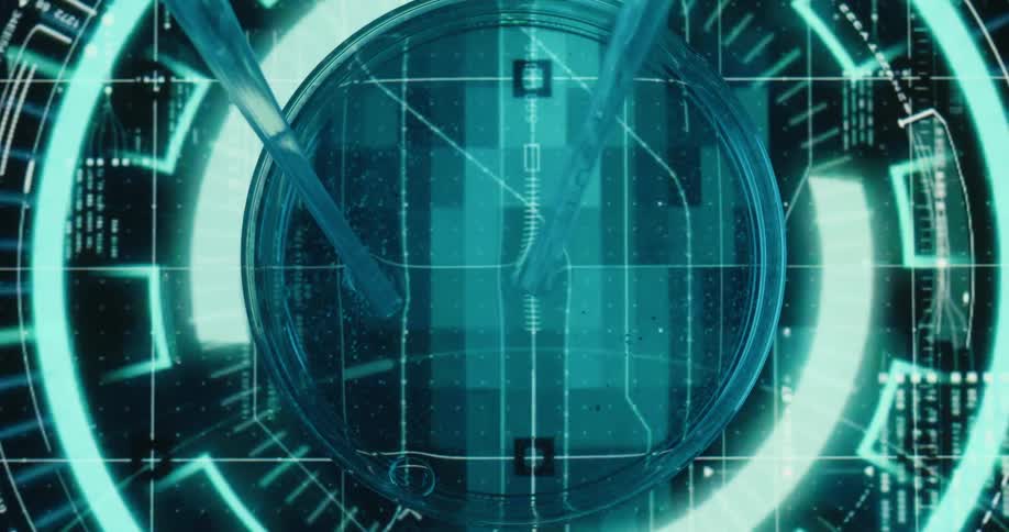 Two droppers add drops into a petri dish sitting in the center of the animated digital graphic displayed on a computerized surface