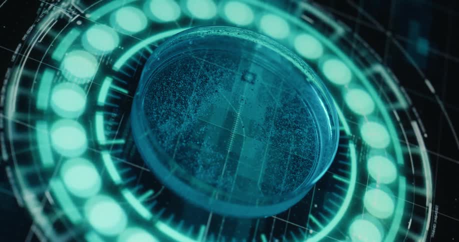 Close up of a liquid sample in a petri dish placed on a futuristic screen by a person for analysis