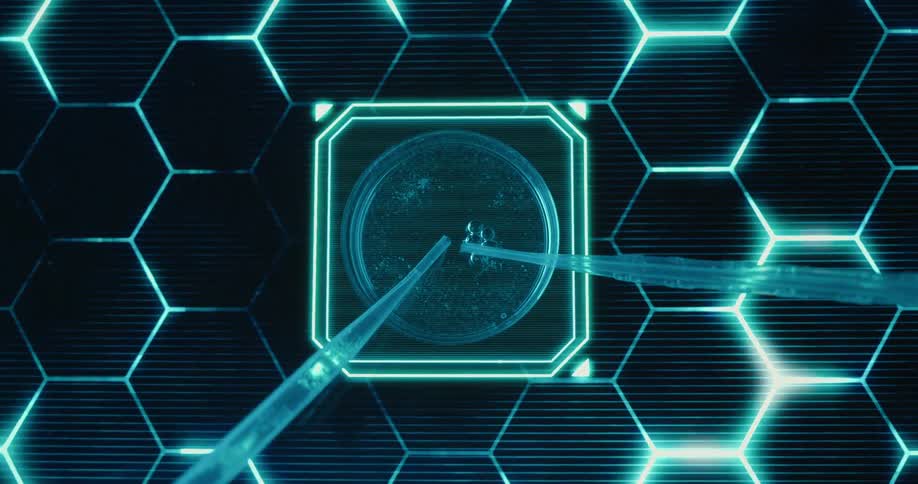 Close up of a liquid sample dropped with a pipette into a petri dish placed on a futuristic screen for analysis