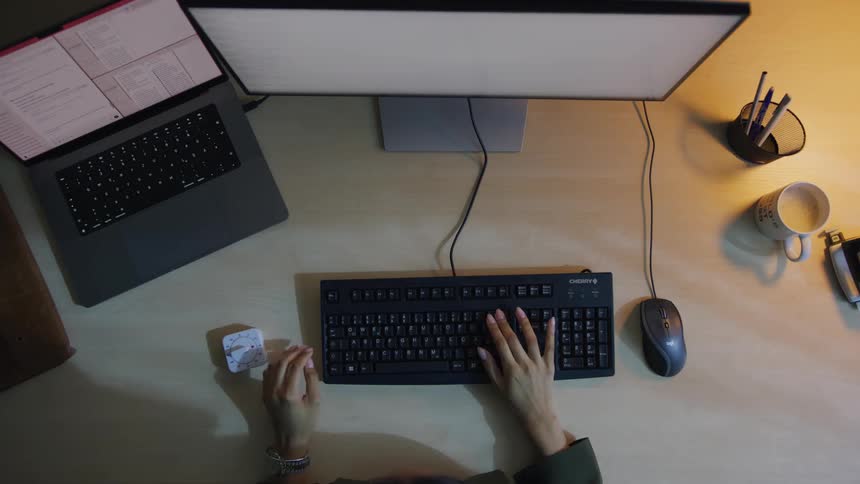 A woman sets a timer and begins typing on the computer