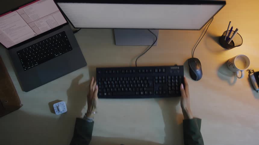 A woman sleeping at her desk is woken up by an alarm