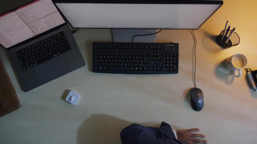 Man in formal wear works at desk sets alarm then naps beside keyboard