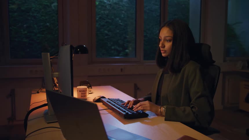 Woman working late in an office and saying goodbye to a man