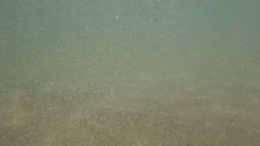 Breaking through the ocean surface reveals an underwater scene of sand and water with particles visible throughout
