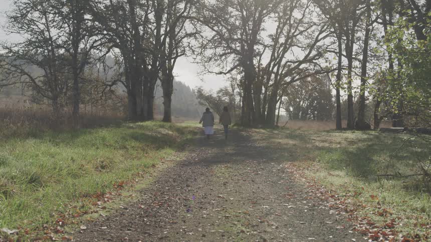 Two people walk on a path in a public park around midday surrounded by trees